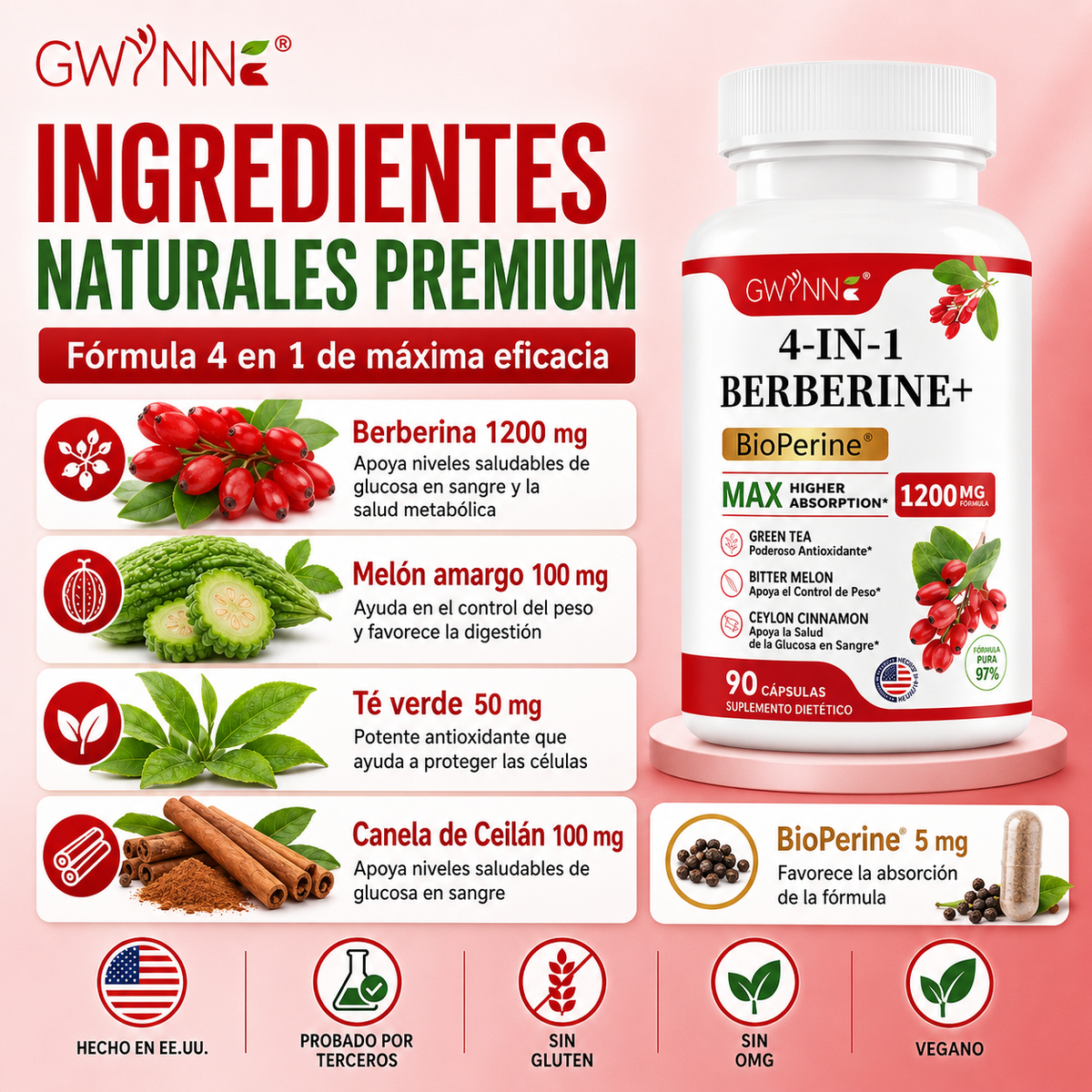 Gwynne 4 En 1 Berberina Y Bioperine 1200mg Con Melón Amargo,canela De Ceilán Y Extracto De Té Verde,apoyo A La Salud Del Corazón,sistema Inmunológico,gi Saludable,90 Cápsulas