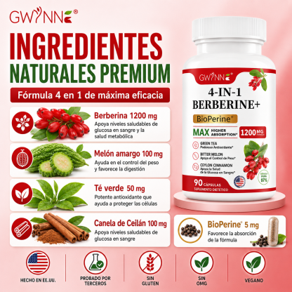Gwynne 4 En 1 Berberina Y Bioperine 1200mg Con Melón Amargo,canela De Ceilán Y Extracto De Té Verde,apoyo A La Salud Del Corazón,sistema Inmunológico,gi Saludable,90 Cápsulas