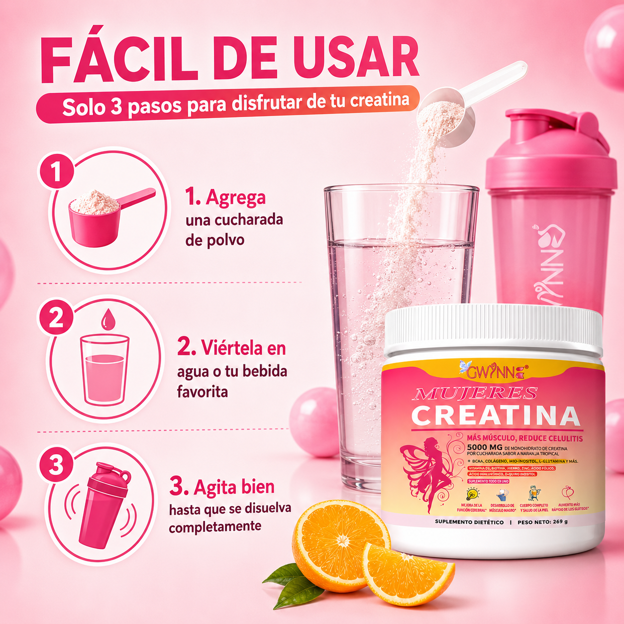 Gwynne Suplemento De Creatina Para Mujeres 269g-5000mg De Creatina,con Colágeno,mioinositol Y Bcaa,apoya El Desarrollo Muscular,la Elasticidad De La Piel,el Cabello Saludable Y Las Uñas