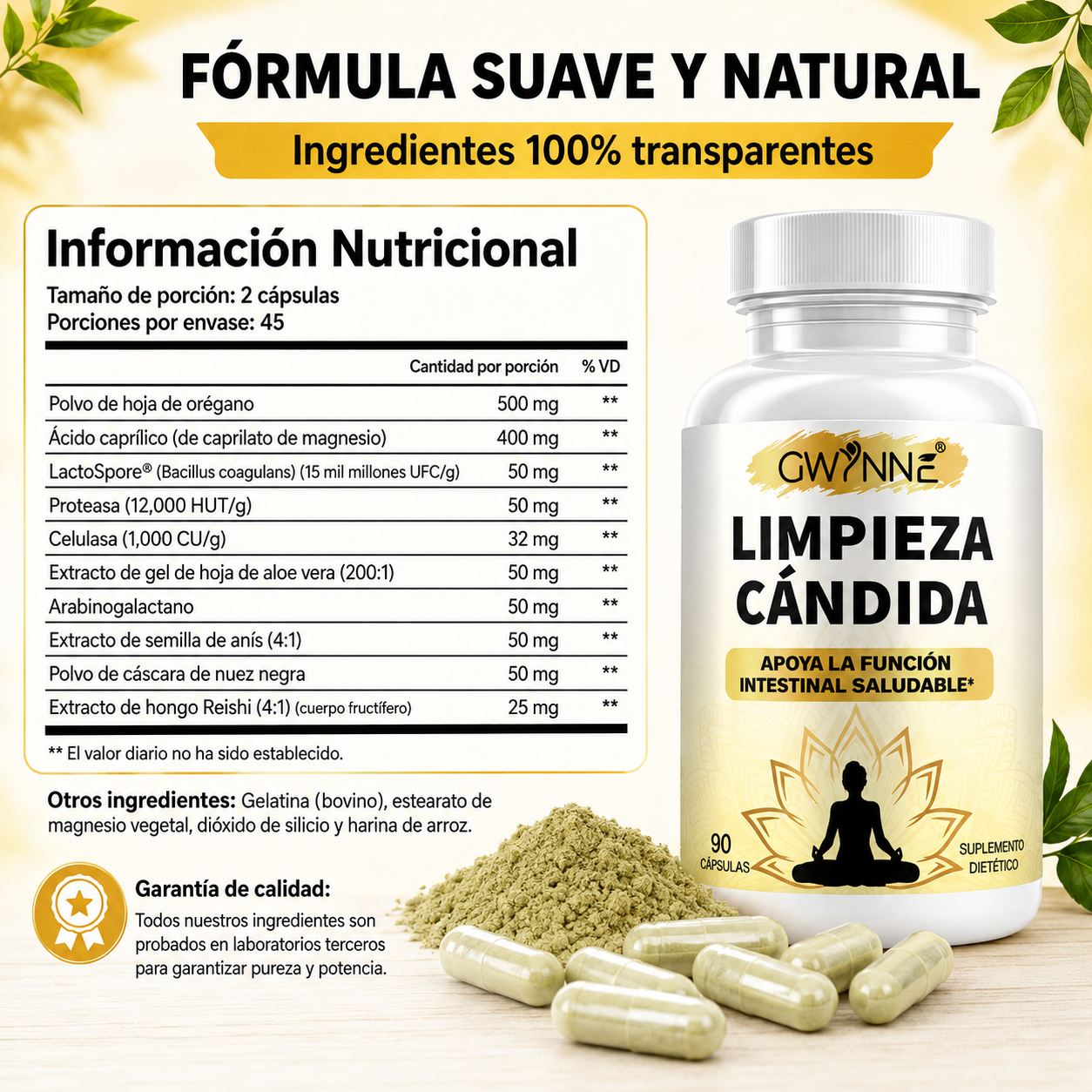 Gwynne Limpieza Cándida 90 Cápsulas Con Orégano,ácido Caprílico Y Probióticos,gut Y Colon Support,desintoxicación Intestinal