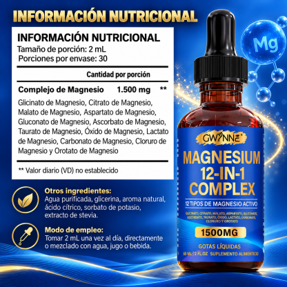 GWYNNE Complejo de Magnesio 12 en 1 Gotas Líquidas 1500mg,60ml,con Glicinato de Magnesio,Citrato de Magnesio,Malato de Magnesio,etc,para Bienestar Nervioso y Relajación