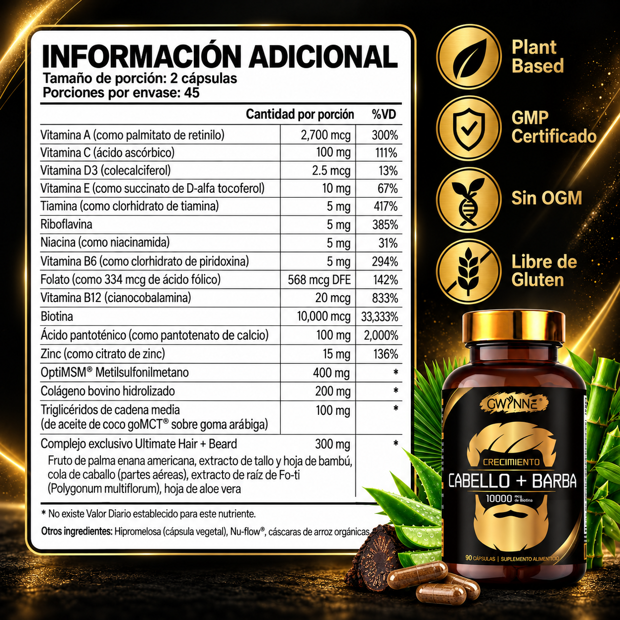 Gwynne crecimiento Cabello y Barba Suplemento 90 Cápsulas con Biotina,Zinc