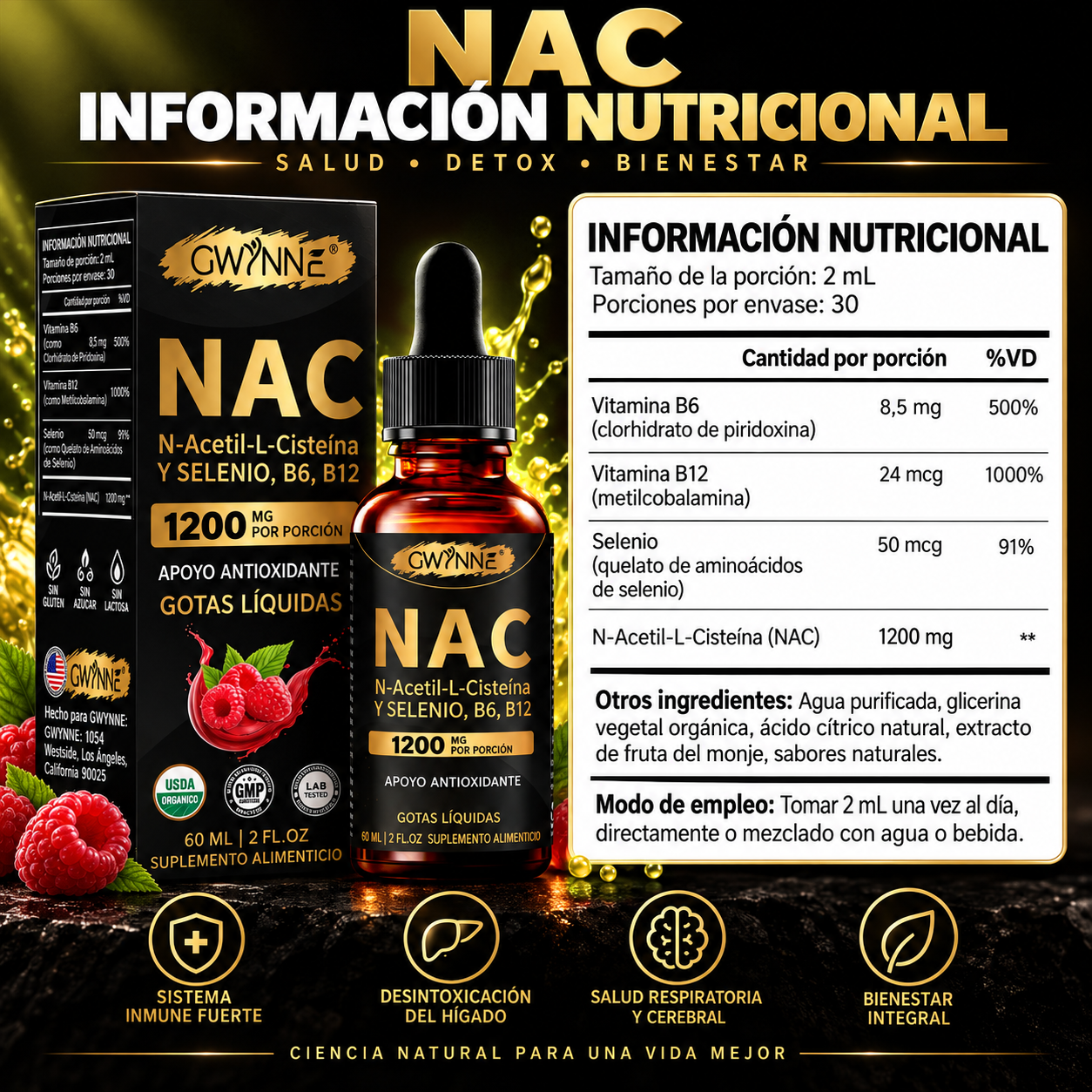 Gwynne Nac N-acetil-l-cisteína 1200mg Gotas 60ml, Con Vitamina B6,B12 Y Selenio,apoyo Antioxidante,inmunológico Y Respiratorio