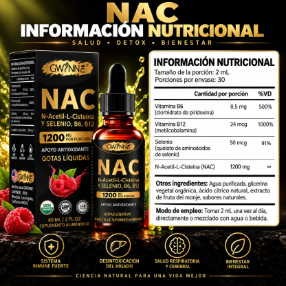 Gwynne Nac N-acetil-l-cisteína 1200mg Gotas 60ml, Con Vitamina B6,B12 Y Selenio,apoyo Antioxidante,inmunológico Y Respiratorio