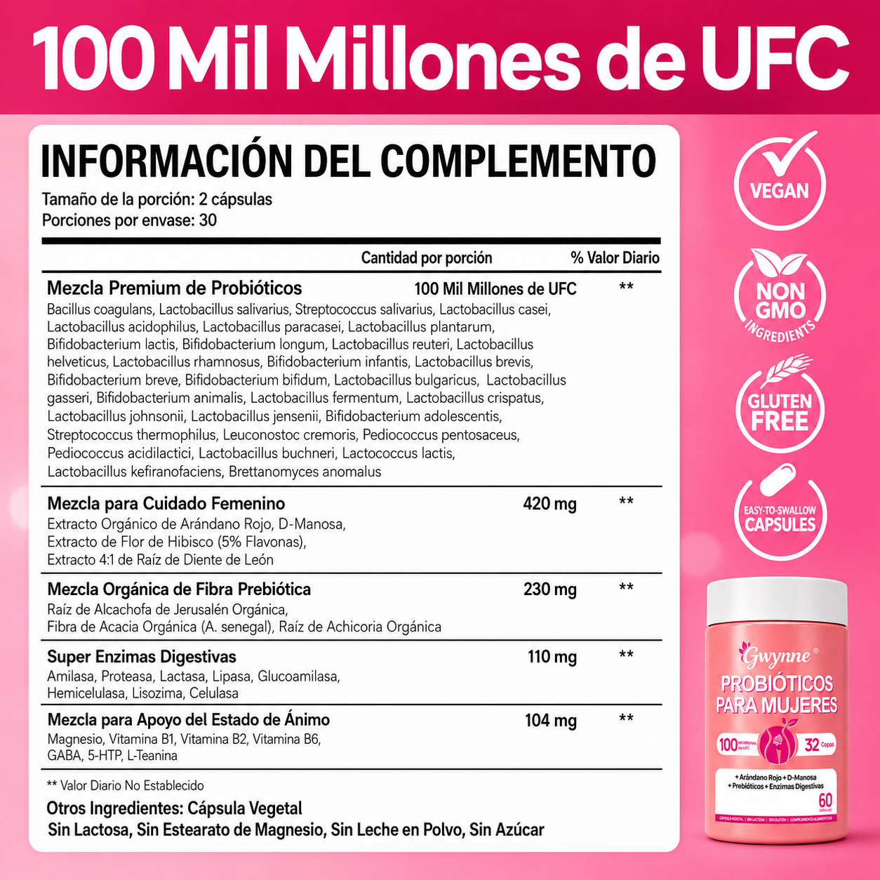 Gwynne Vaginal Probióticos Para Mujeres 100m Ufc + 32cepas,conprebioticos,enzimas Digestivas,arándano Rojo Y D-manosa, Apoyo Vaginal Y Digestivo,60 Cápsulas