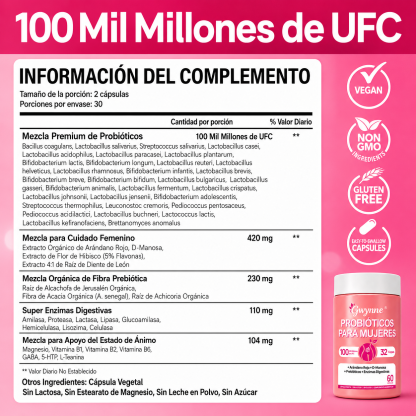 Gwynne Vaginal Probióticos Para Mujeres 100m Ufc + 32cepas,conprebioticos,enzimas Digestivas,arándano Rojo Y D-manosa, Apoyo Vaginal Y Digestivo,60 Cápsulas