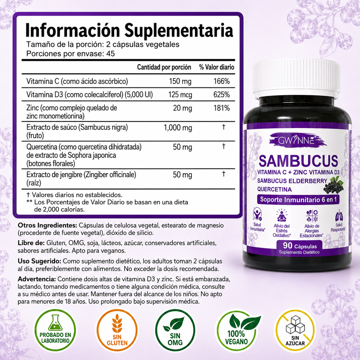 Gwynne Sambucus 6 En 1 Suplemento Con Extracto De Sauco 1000mg,vitamina C,d3,zinc Y Quercetina,soporte Inmunitario,alivio De Alergias Y Salud Respiratoria,90 Cápsulas