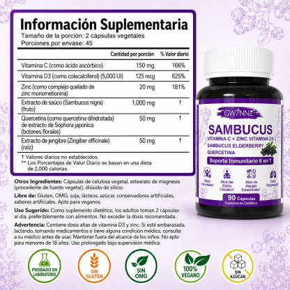 Gwynne Sambucus 6 En 1 Suplemento Con Extracto De Sauco 1000mg,vitamina C,d3,zinc Y Quercetina,soporte Inmunitario,alivio De Alergias Y Salud Respiratoria,90 Cápsulas