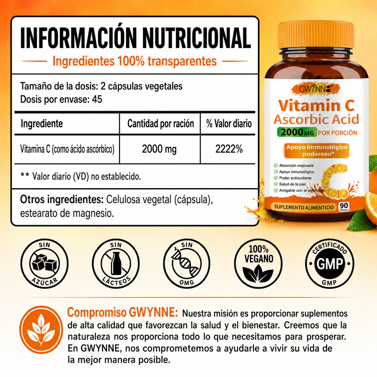 Gwynne Ácido Ascórbico Puro De Vitamina C 2000mg,90 Cápsulas,formas Solubles En Grasa Y Agua Altamente Biodisponibles,antioxidante Y Suplemento De Apoyo Inmunológico