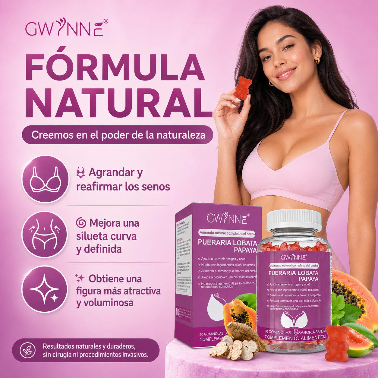 Gwynne Puro Natural Aumento De Mamas Lifting De Glúteos,con Pueraria Mirifica 1000mg Y Extracto De Papaya 500mg,apoyo Al Crecimiento Mamario,piel Sana,estrógeno,60 Gominolas