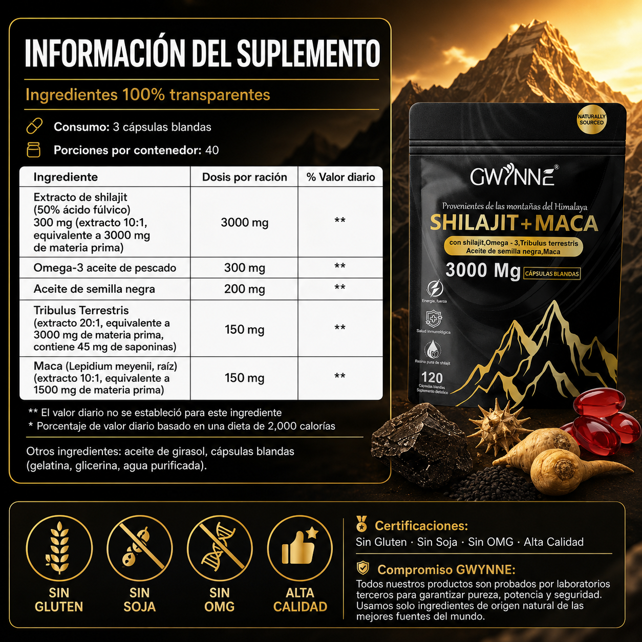 Gwynne Shilajit + Maca Del Himalaya 120 Cáps,con Shilajit 3000mg,omega-3,tribulus Y Maca,salud Cardio-cerebra,aumento De Energia,antiinflamatorio Y Antioxidante