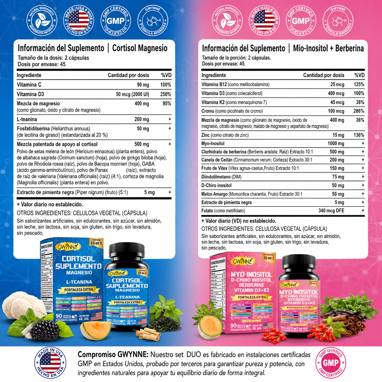 Gwynne Suplemento De Cortisol 90 Cápsulas + Suplemento De Inositol Myo-inositol Y D 90 Cápsulas,con Glicinato De Magnesio,vitamina B12 Y K2