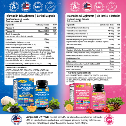 Gwynne Suplemento De Cortisol 90 Cápsulas + Suplemento De Inositol Myo-inositol Y D 90 Cápsulas,con Glicinato De Magnesio,vitamina B12 Y K2