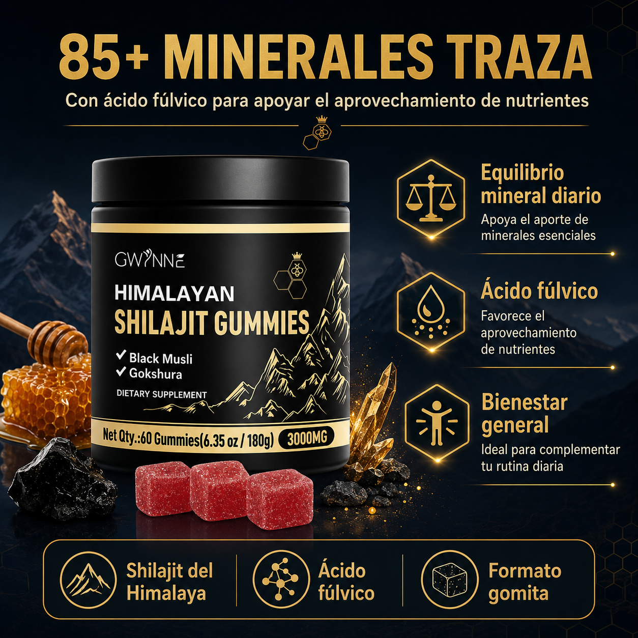 Gwynne Shilajit Gummies 3000mg Para Hombres Y Mujeres 60 Gummies: Shilajit Gummies Puro Del Himalaya Ácido Fúlvico Y 85+ Oligoelementos Sin Azúcar Añadido