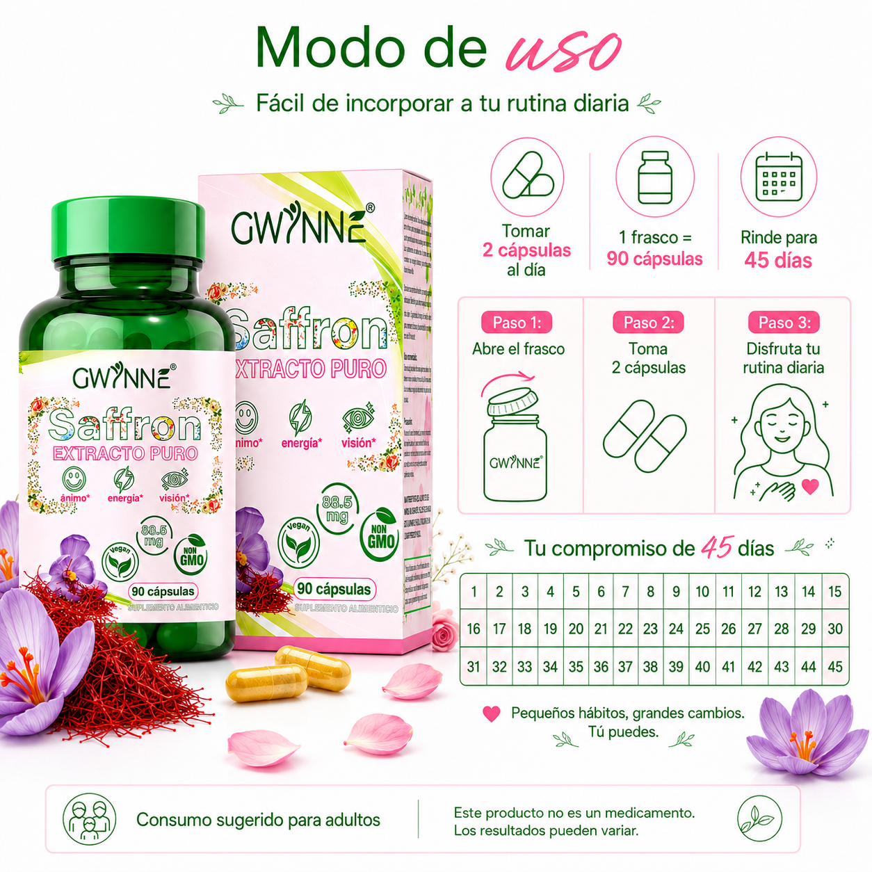 Gwynne Azafrán Puro Orgánico 88.5mg,extracto De Saffron Feliz Para Aumentar La Energía Y El Estado De Ánimo,apoyar La Salud Ocular,90 Cápsulas