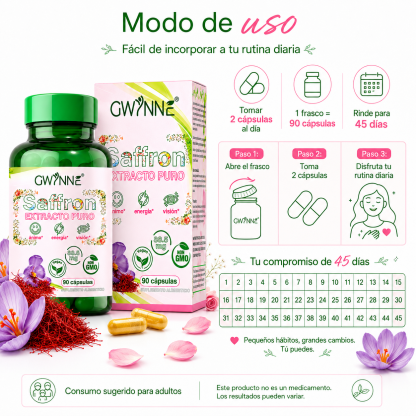 Gwynne Azafrán Puro Orgánico 88.5mg,extracto De Saffron Feliz Para Aumentar La Energía Y El Estado De Ánimo,apoyar La Salud Ocular,90 Cápsulas