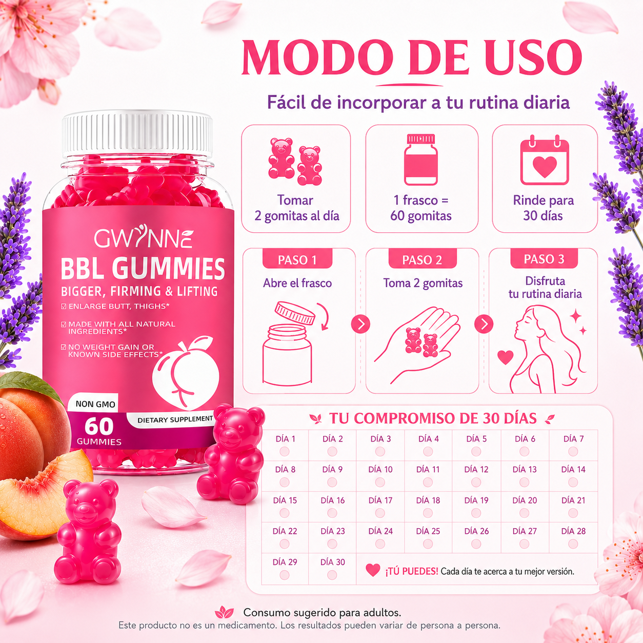 Gwynne bbl gummies gominolas dietéticas para glúteos butt hip booster 2pcs mujer
