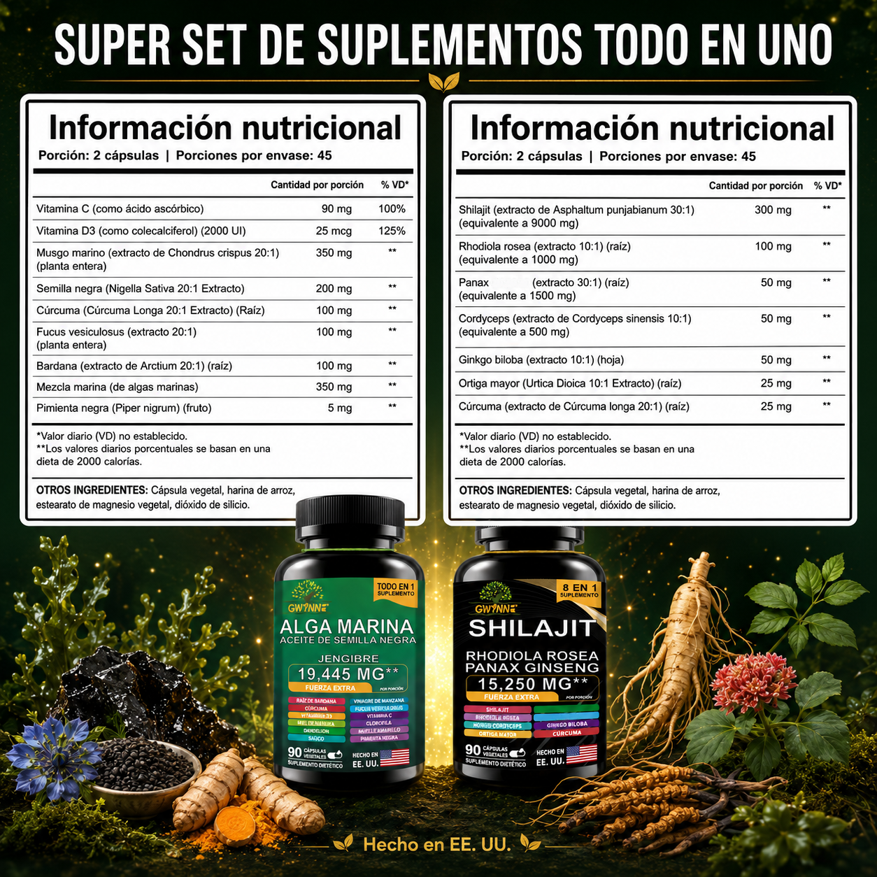 Gwynne All In 1 Shilajit Y Sea Moss Bundle 90 Cápsulas-contiene 29170 Mg De Musgo Marino, Aceite De Semilla Negra, Etc Y Contiene 22875 Mg De Shilajit,rhodiola Rosea, Etc