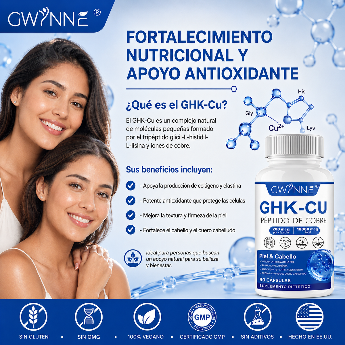 Gwynne Péptido De Cobre Ghk-cu 200mcg,90 Cápsulas De Alta Potencia Promueve La Reparación De La Piel,la Elasticidad Radiante De La Piel,el Anti-envejecimiento Y El Apoyo Al Crecimiento Del Cabello