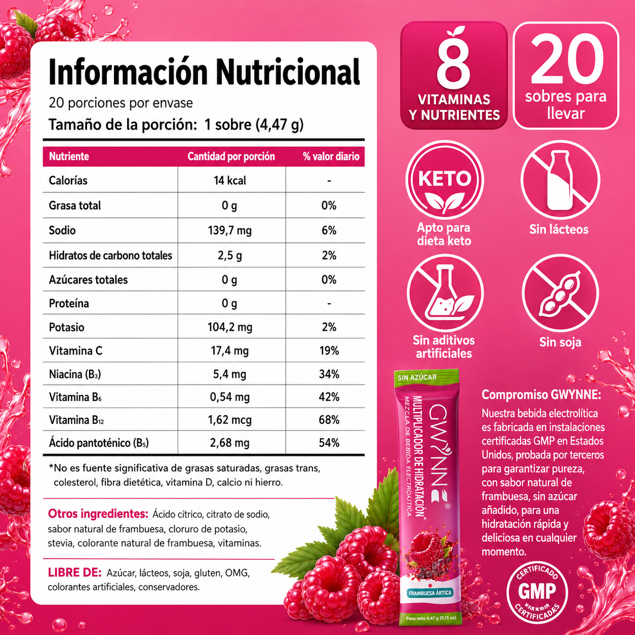 Gwynne Multiplicador De Hidratacion Mezcla De Bebida Electrolitica,supercalm Nutricional Bebidas Mixtas En Polvo Con Sodio ,vitamina C Y B12,sabor A Frambuesa 20 Unidade