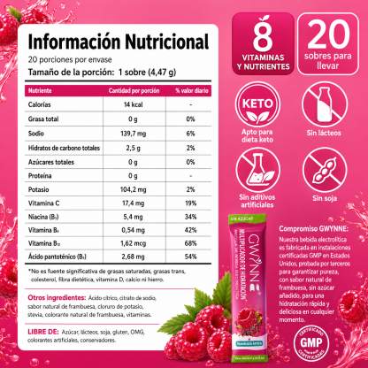 Gwynne Multiplicador De Hidratacion Mezcla De Bebida Electrolitica,supercalm Nutricional Bebidas Mixtas En Polvo Con Sodio ,vitamina C Y B12,sabor A Frambuesa 20 Unidade