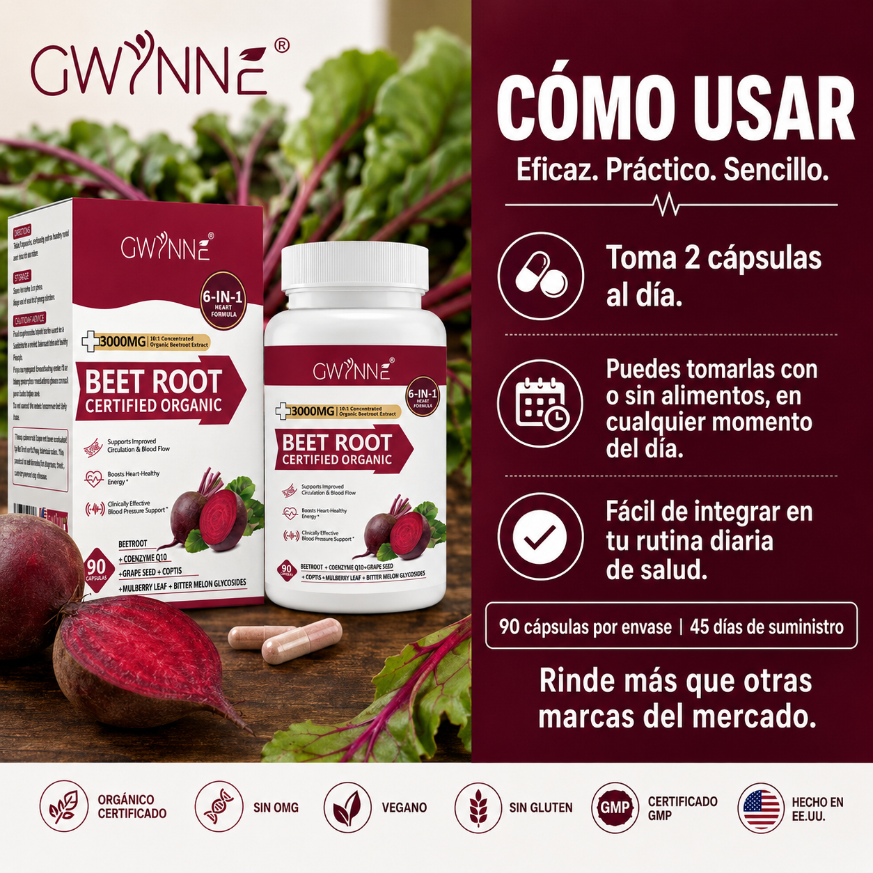 Gwynne Organic Beet Root Capsules 3000mg 90 Cápsulas Con Coq10,remolacha En Polvo Soporta Lmproved Circulación Y Flujo Sanguíneo,proporcionar Soporte Cardíaco Y De Presión Arterial