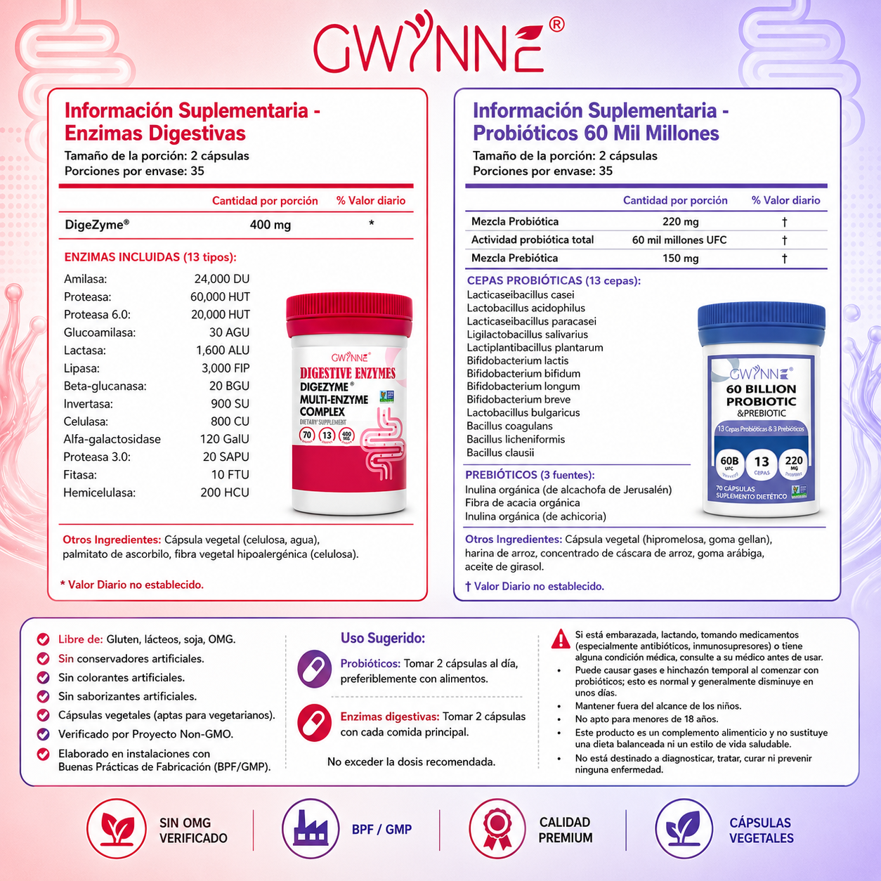 Gwynne Paquete Avanzado Salud Intestinal:Vaginal probióticos 60 Billion De Ucf 70Cápsula Y Enzimas Digestivas 400mg 70Cápsula,para Salud Digestiva Y Salud Intestinal,apoya El Estreñimiento Ocasional