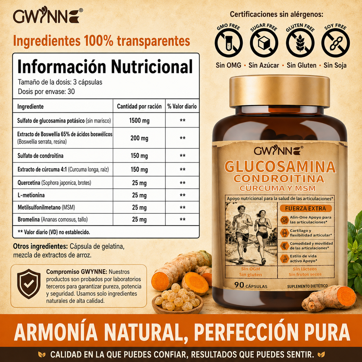 Glucosamina Complex | Glucosamina 1500mg, Condroitina, Msm Alta Potencia,curcumina,quercetina| Articulaciones Y Huesos | GWYNNE Vitaminas Mujer Y Hombre 90 Cápsulas