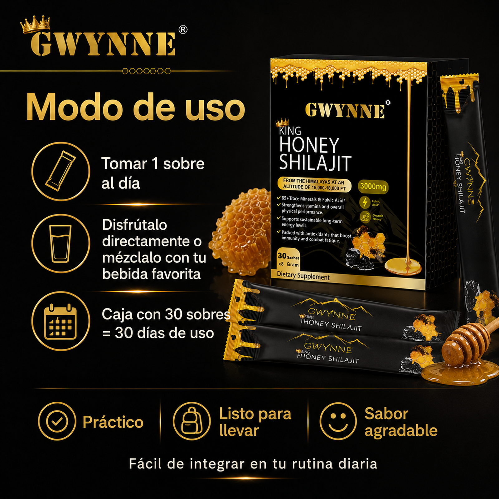 Gwynne Shilajit Honey Sticks Suplementos 30 Sticks Puro Del 3000mg Himalaya 85 Micronutrientes Apto Para Hombres Y Mujeres 100% Natural Orgánico