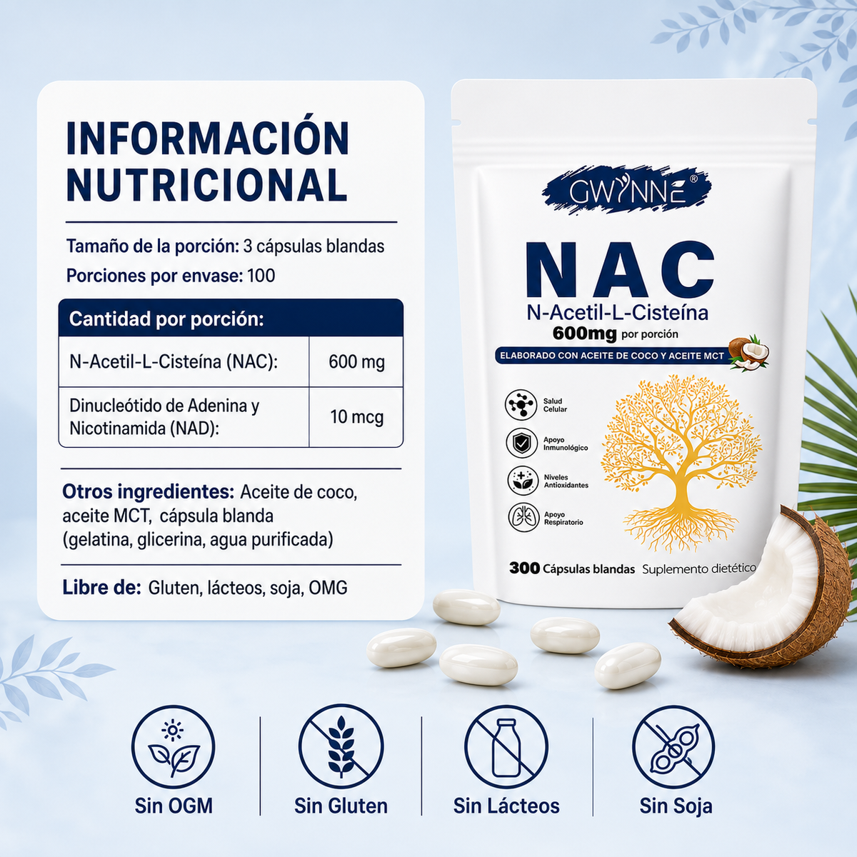 Gwynne Nac N-acetil-l-cisteína 600 Mg 300 Cápsulas,con Dinucleótido De Adenina Y Nicotinamida, Propiedades Antioxidantes,favorece Las Defensas Naturales Y El Bienestar Respiratorio General 