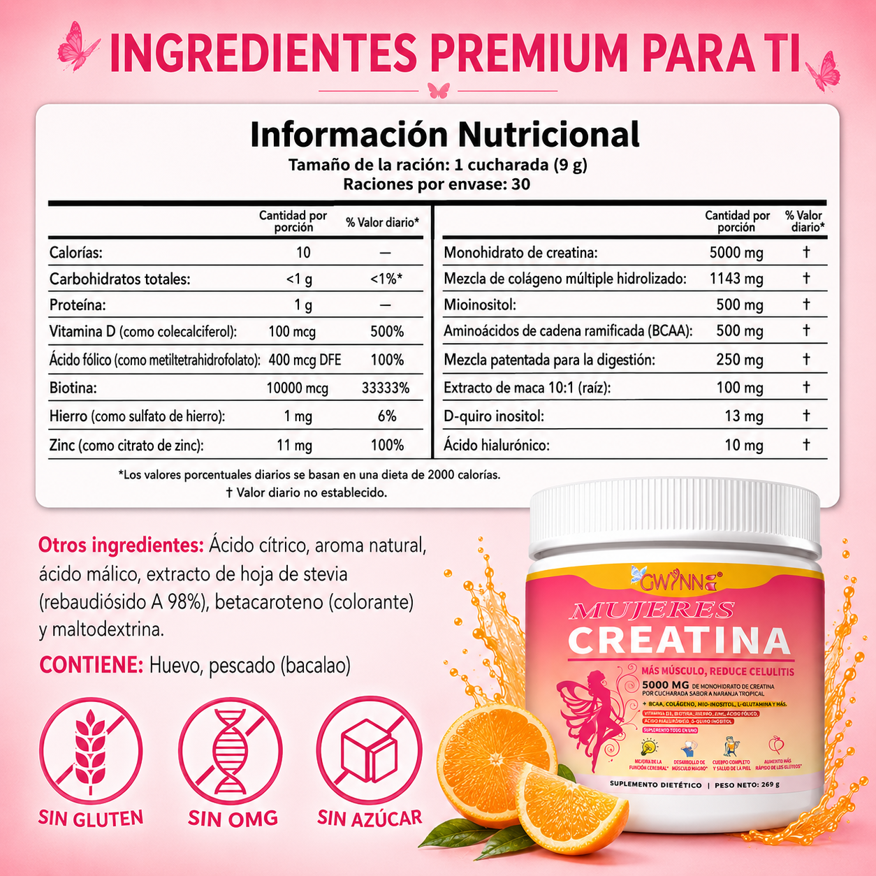 Gwynne Suplemento De Creatina Para Mujeres 269g-5000mg De Creatina,con Colágeno,mioinositol Y Bcaa,apoya El Desarrollo Muscular,la Elasticidad De La Piel,el Cabello Saludable Y Las Uñas