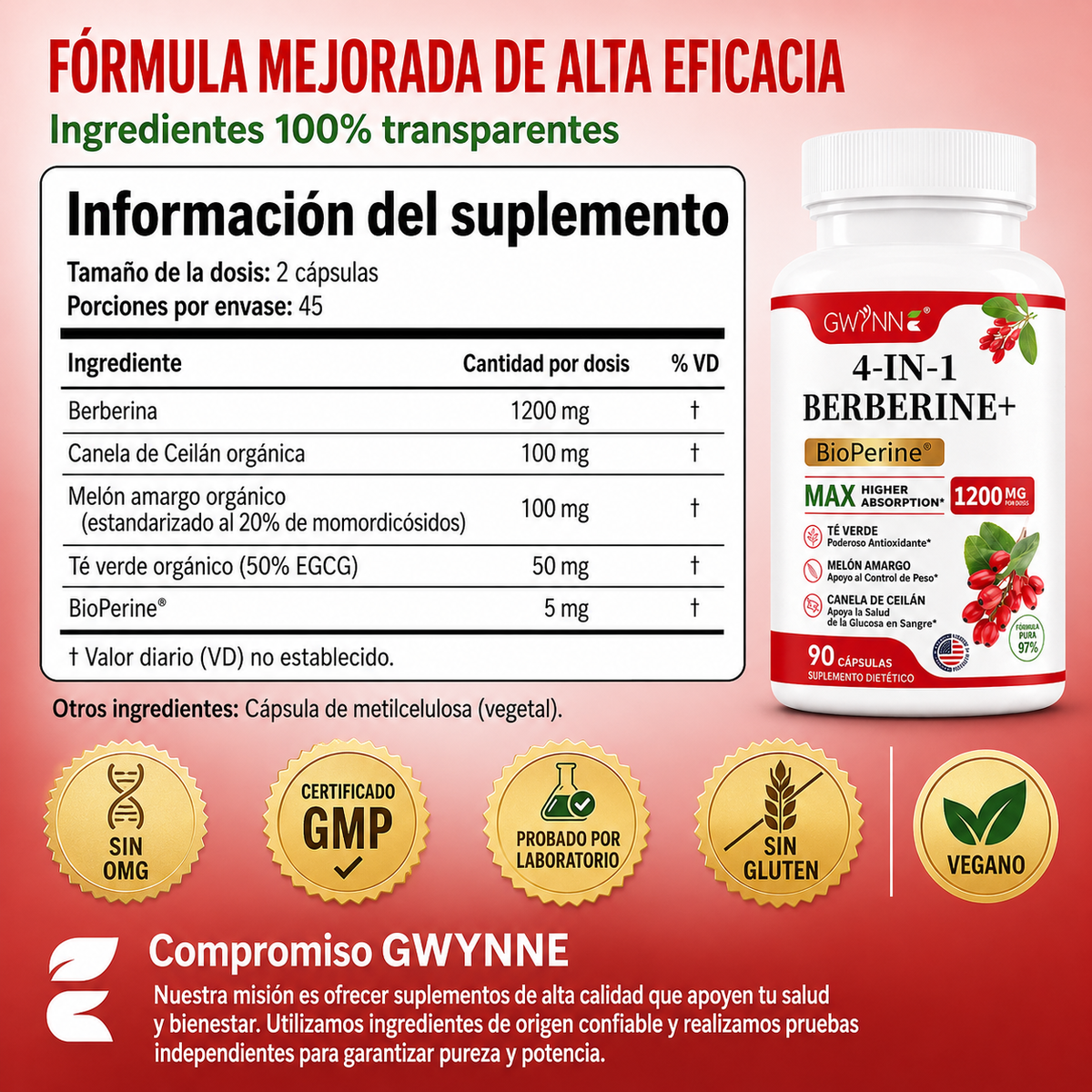 Gwynne 4 En 1 Berberina Y Bioperine 1200mg Con Melón Amargo,canela De Ceilán Y Extracto De Té Verde,apoyo A La Salud Del Corazón,sistema Inmunológico,gi Saludable,90 Cápsulas