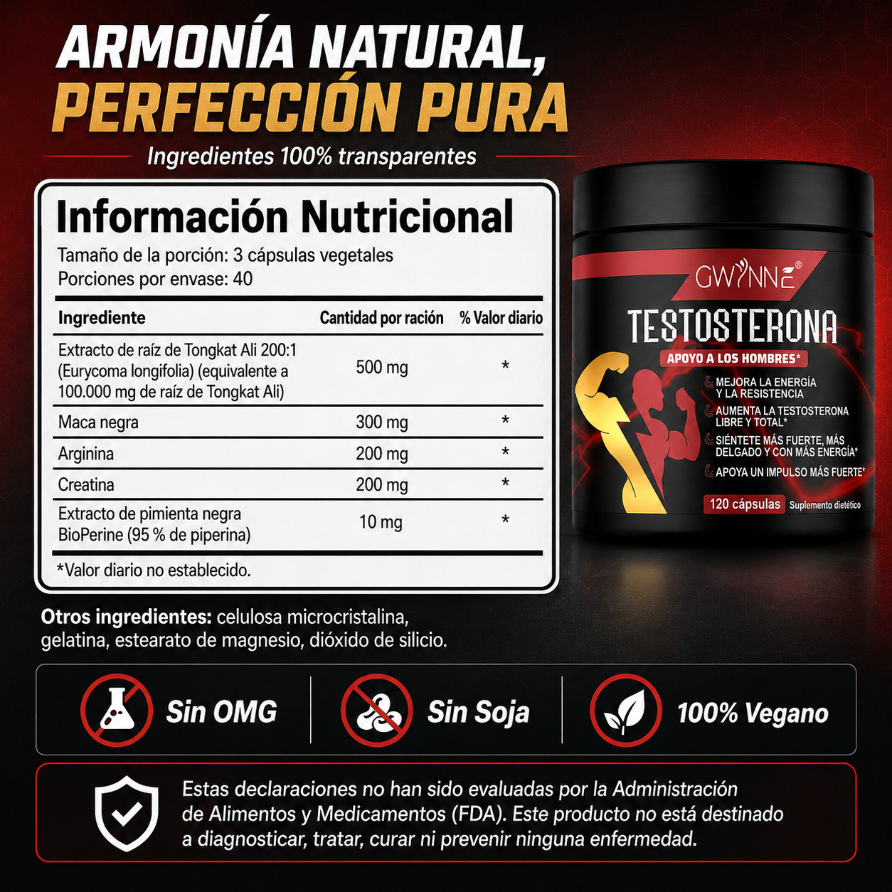 Gwynne Testosterone Supplement Para Hombres,con Extracto De Raiz De Tongkat Ali 500mg,maca,arginina,creatina,ayuda Crecimiento Muscular,recuperación,conducción Y Resistencia,120capsules