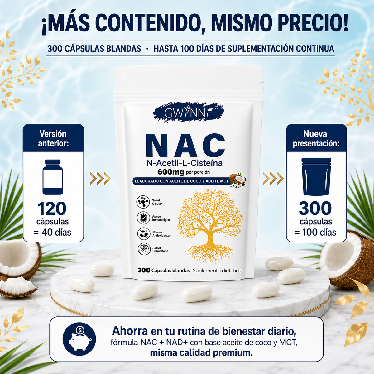 Gwynne Nac N-acetil-l-cisteína 600 Mg 300 Cápsulas,con Dinucleótido De Adenina Y Nicotinamida, Propiedades Antioxidantes,favorece Las Defensas Naturales Y El Bienestar Respiratorio General 