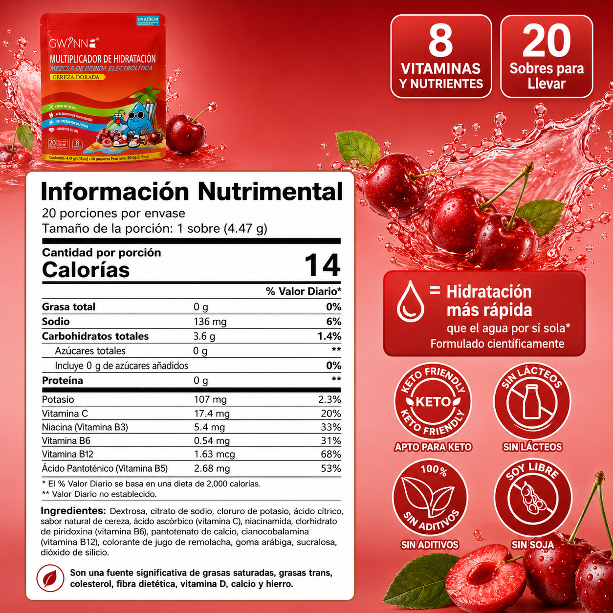 Gwynne Multiplicador De Hidratacion Mezcla De Bebida Electrolitica,supercalm Nutricional Bebidas Mixta En Polvo Con Sodio,vitamina C Y B12,sabor A Cereza 20 Unidade