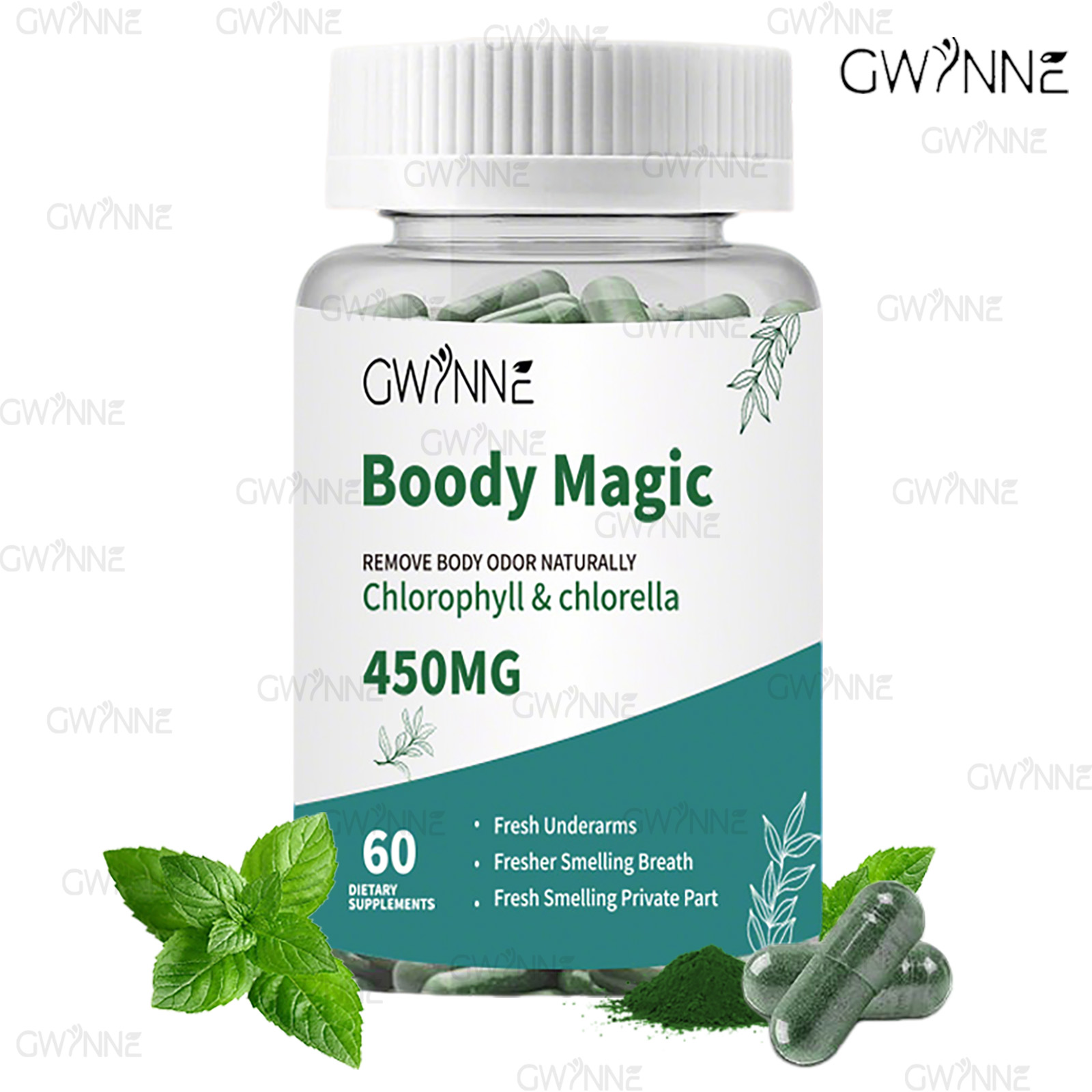 Gwynne Boody Magic Tabletas De Clorofila Natural Para El Olor Corporal Femenino Contiene 450 Mg De Clorofila Y Chlorella, Suplemento Desodorante Corporal Para Hombres Y Mujeres,60 Cápsulas