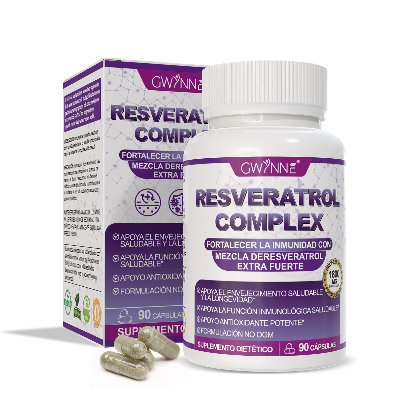 Gwynne Resveratrol Supplement 1800 Mg Complejo Antioxidante 90 Cápsulas,píldoras De Resveratrol Para Envejecimiento Saludable,apoyo A La Salud General,sistema Inmunológico,función Cerebral