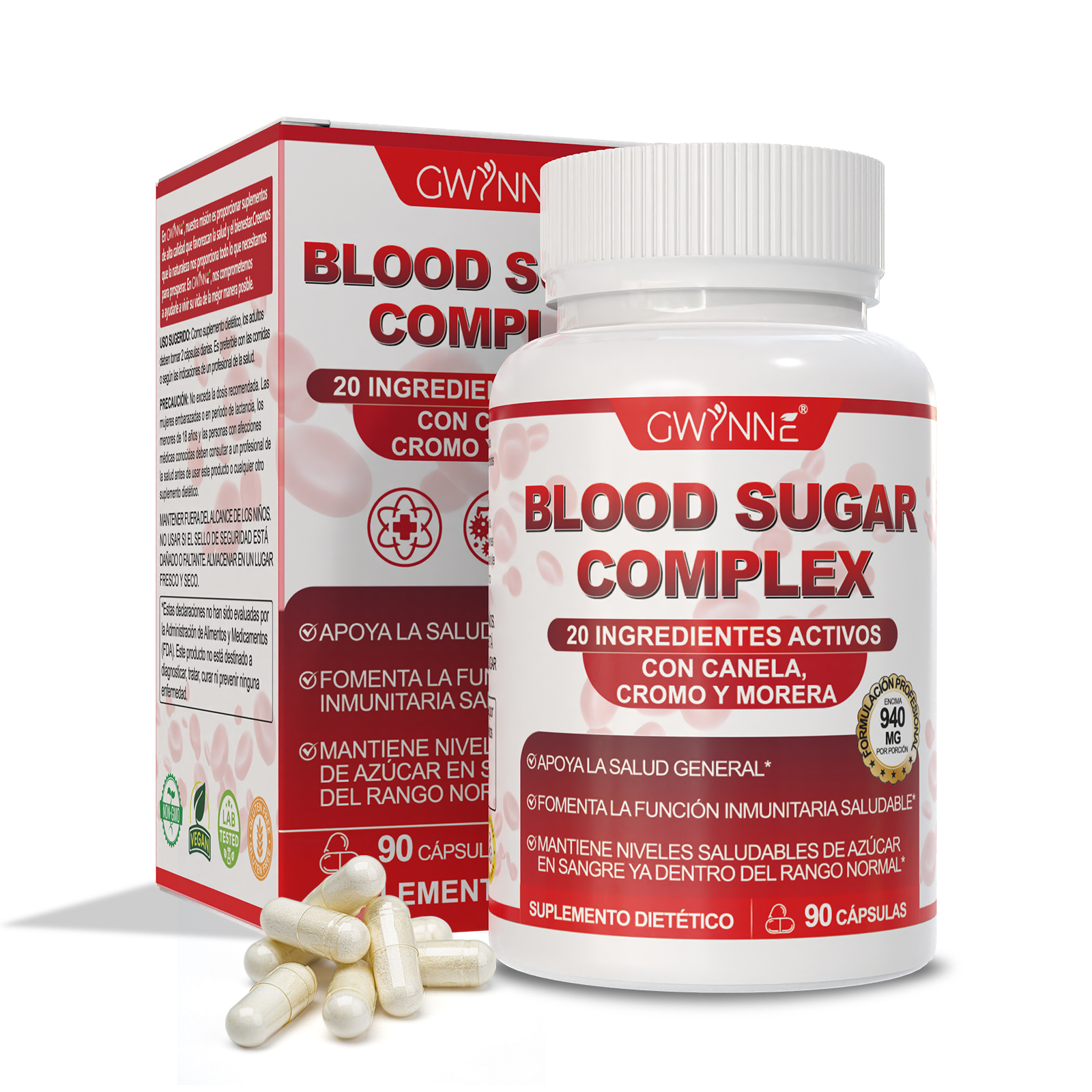 Gwynne Blood Sugar Complex Supplement,apoya Niveles Saludables De Azúcar En La Sangre,ya Dentro Del Rango Normal,con Vitaminac,e,biotina,magnesio,cromo,90 Capsules