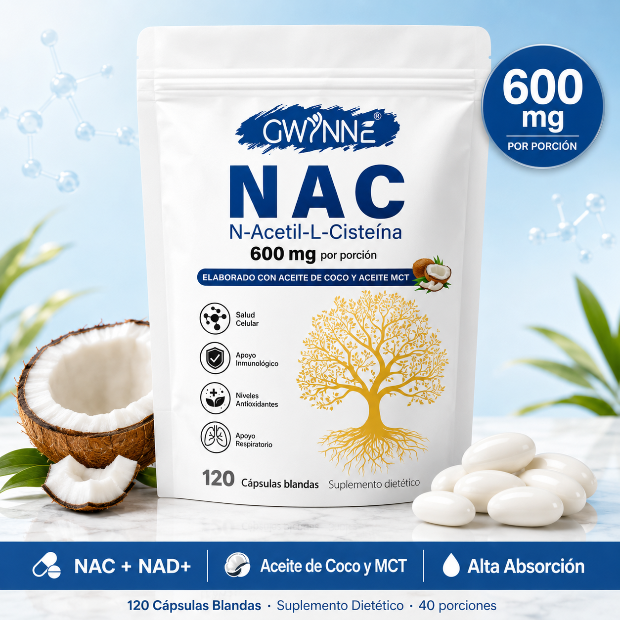 Gwynne Nac N-acetil-l-cisteína 600mg 120 Cápsulas, Con Dinucletido De Adenina Y Nicotinamida,apoyo Antioxidante,inmunológico Y Respiratorio