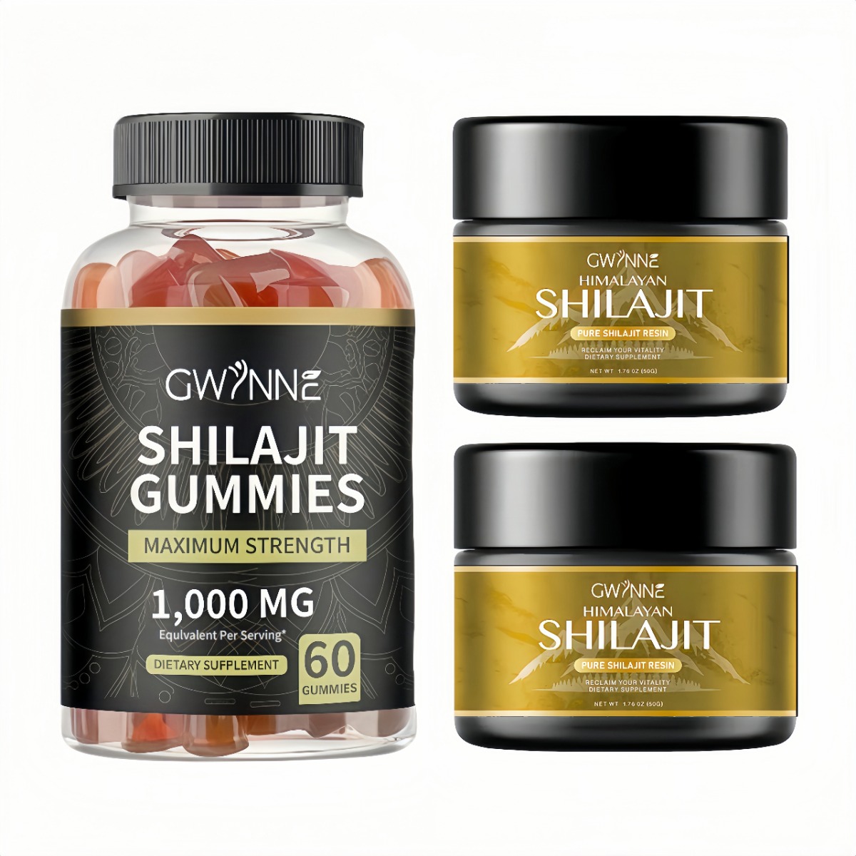 Gwynne Resina De Shilajit Natural Pura Orgánica Del Himalaya Color 2pcs + Gomitas De Shilajit 60 Unidades Sabor A Frambuesa Y Sandía
