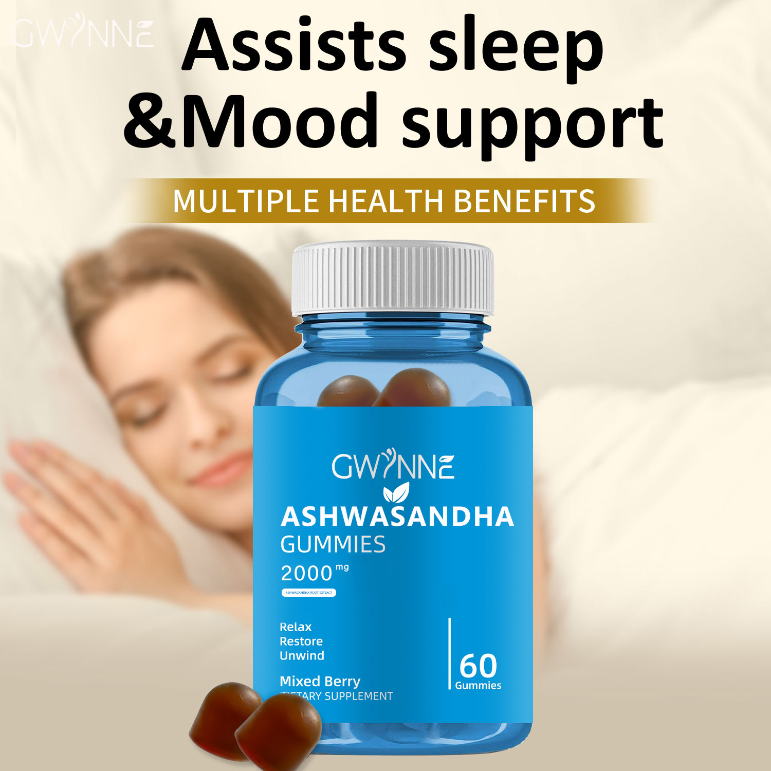 Gwynne Gominolas De Vitaminas Con Sabor A Bayas Mixtas,reduce El Estrés, Favorece El Sueño Y Mejora La Calidad De Vida 60 Gominolas