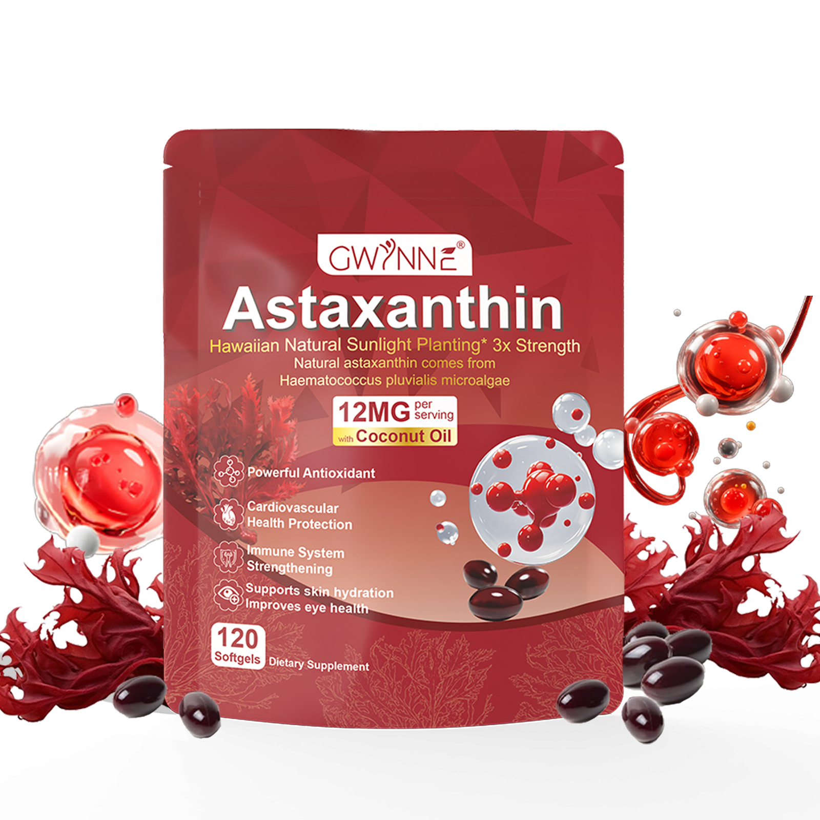 Gwynne Astaxantina 12 Mg 120 Cápsulas,astaxantina Antioxidant From Fresh Haematococcus Pluvialis,apoya La Salud Ocular, Articular Y Cutánea