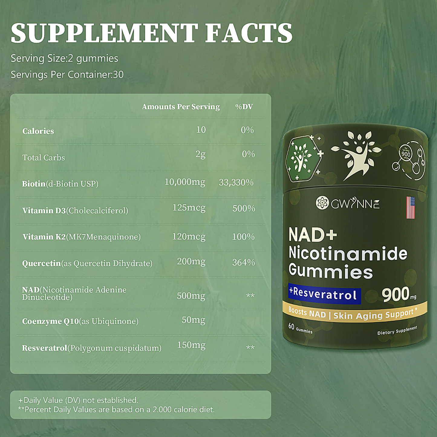 Gwynne Nad+ Suplemento Liposomal De Nicotinamida Ribosida Con Resveratrol Y Quercetina Y NAD 900mg 60 Gominolas