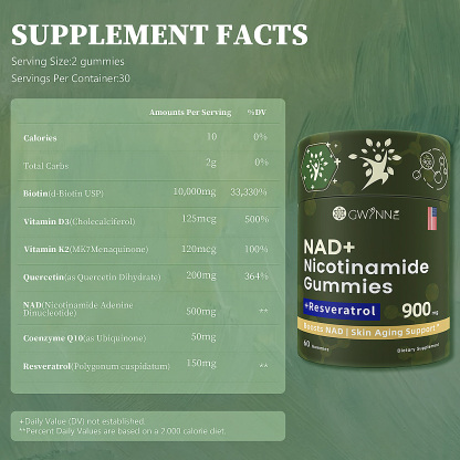 Gwynne Nad+ Suplemento Liposomal De Nicotinamida Ribosida Con Resveratrol Y Quercetina Y NAD 900mg 60 Gominolas