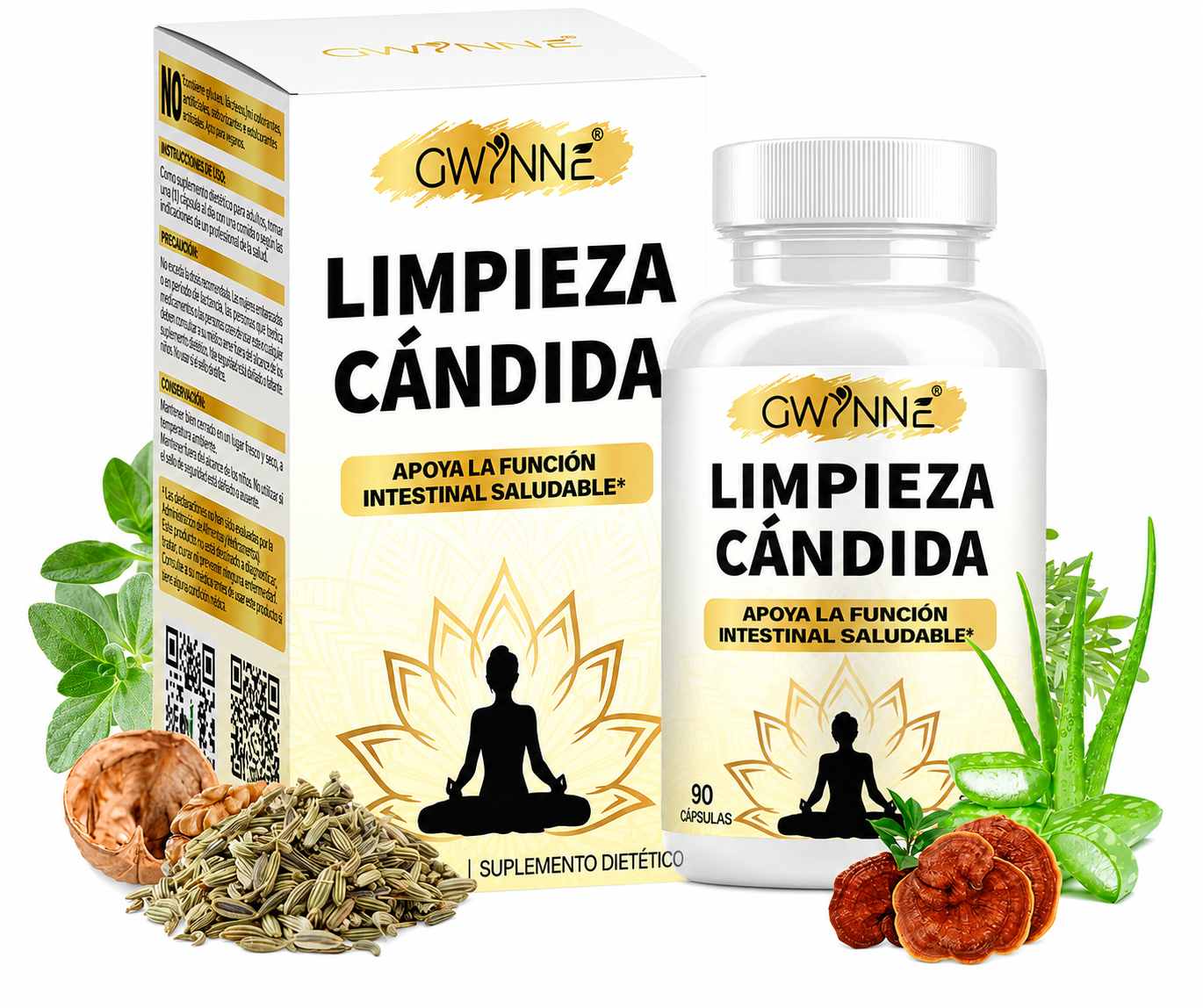 Gwynne Limpieza Cándida 90 Cápsulas Con Orégano,ácido Caprílico Y Probióticos,gut Y Colon Support,desintoxicación Intestinal