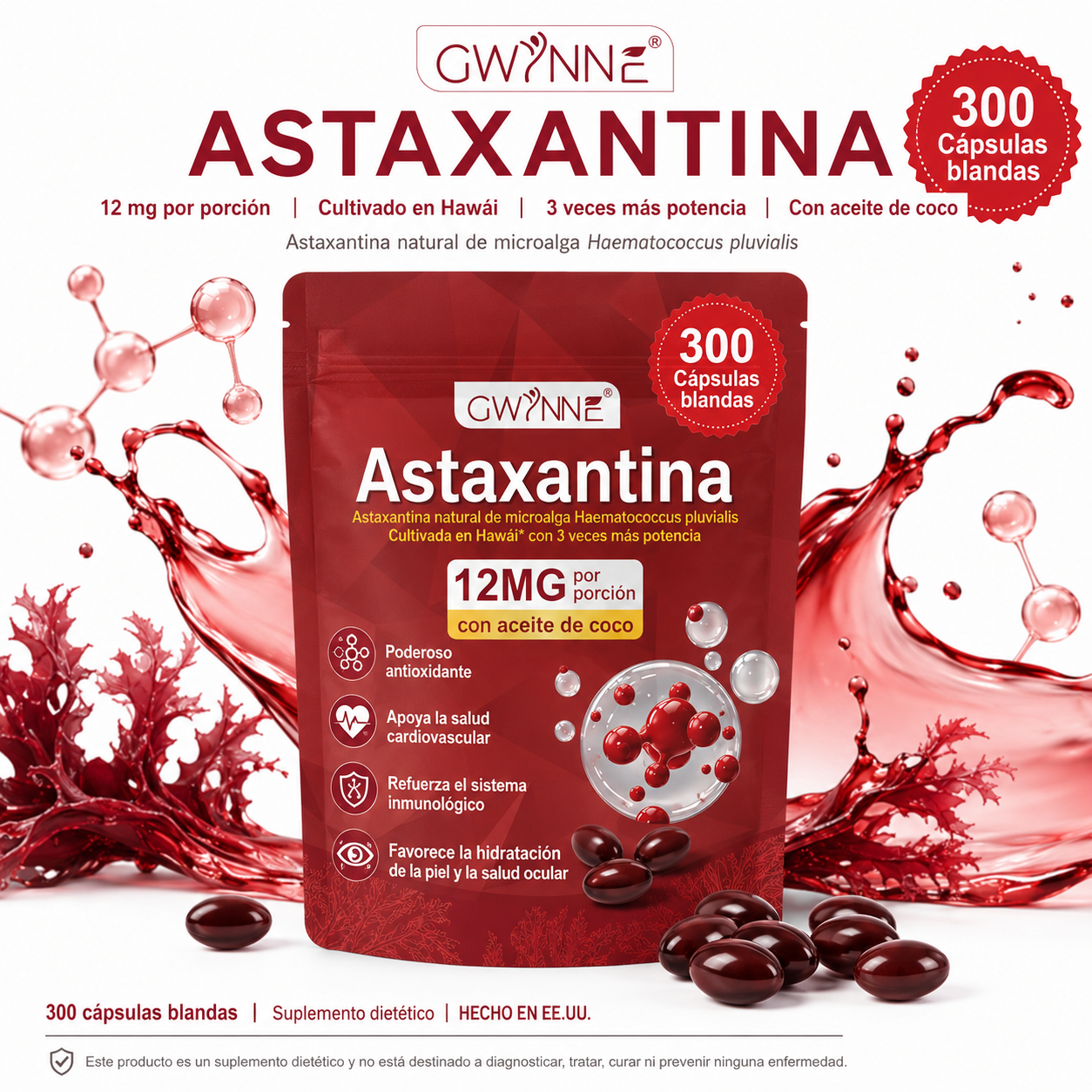 Gwynne Astaxantina 12 Mg 300 Cápsulas Blandas Antioxidante,astaxantina Antioxidant From Fresh Haematococcus Pluvialis,apoya La Salud Ocular, Articular Y Cutánea