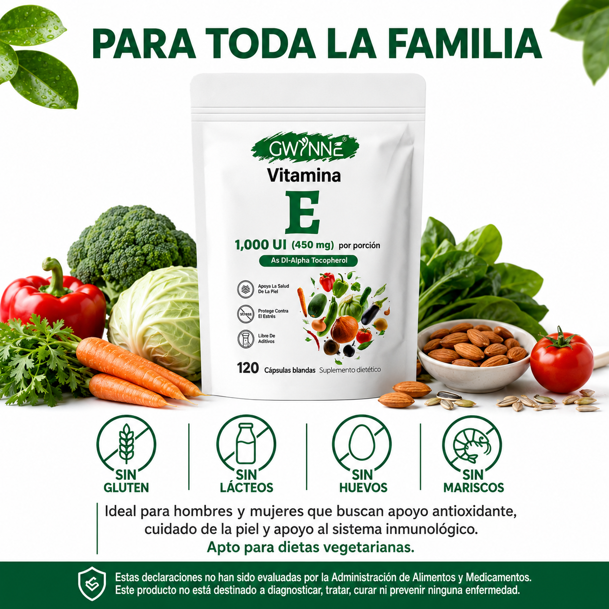 Gwynne Vitamina E 1000 Ui (450mg),as Dl-alpha Tocopherol, Apoyo Aliviar El Estrés,antioxidante Y Salud De La Piel,120 Cápsulas