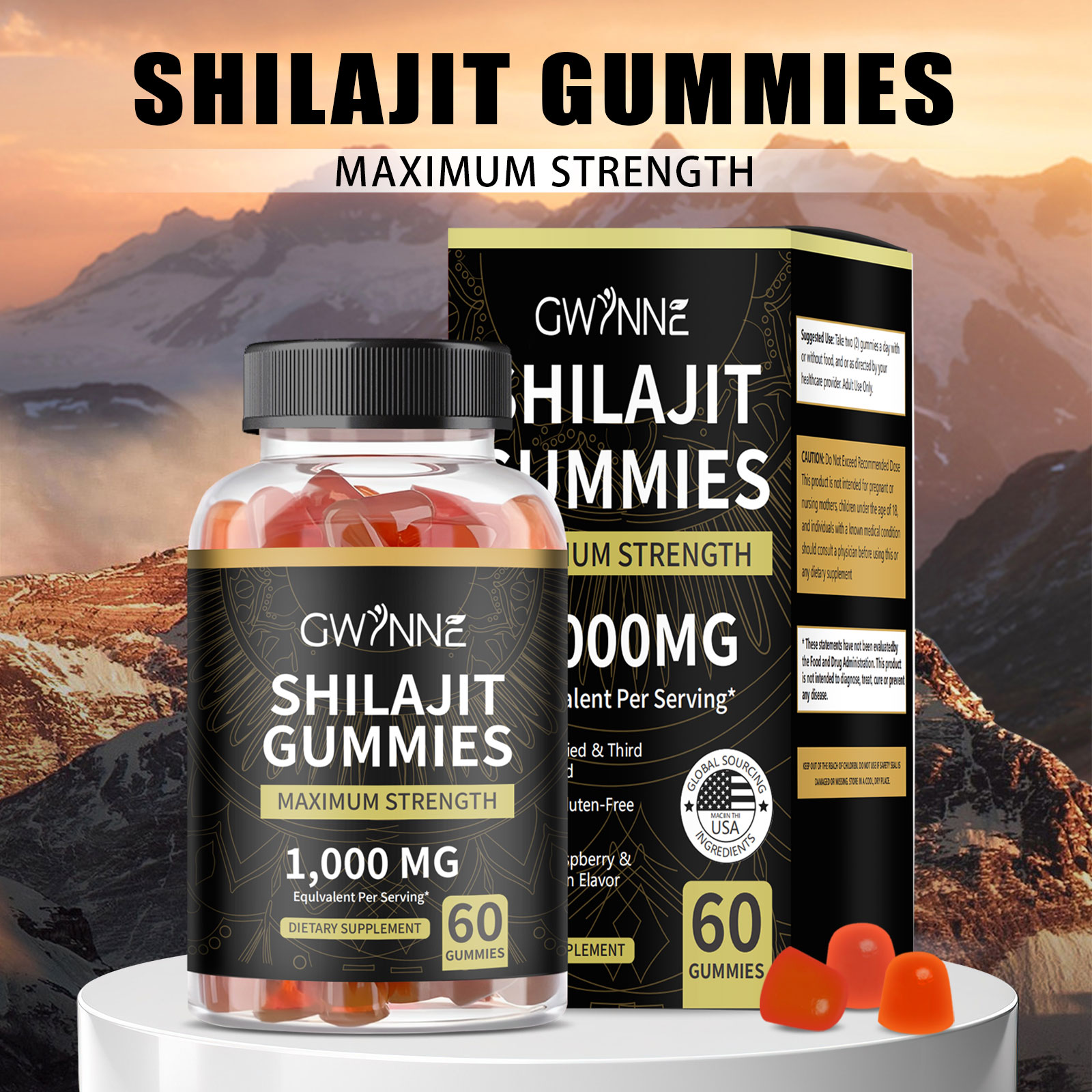 Gwynne Gomitas De Shilajit 60 Unidades Sabor A Frambuesa Y Sandía + Charaji Cápsulas 60unidades 2pcs