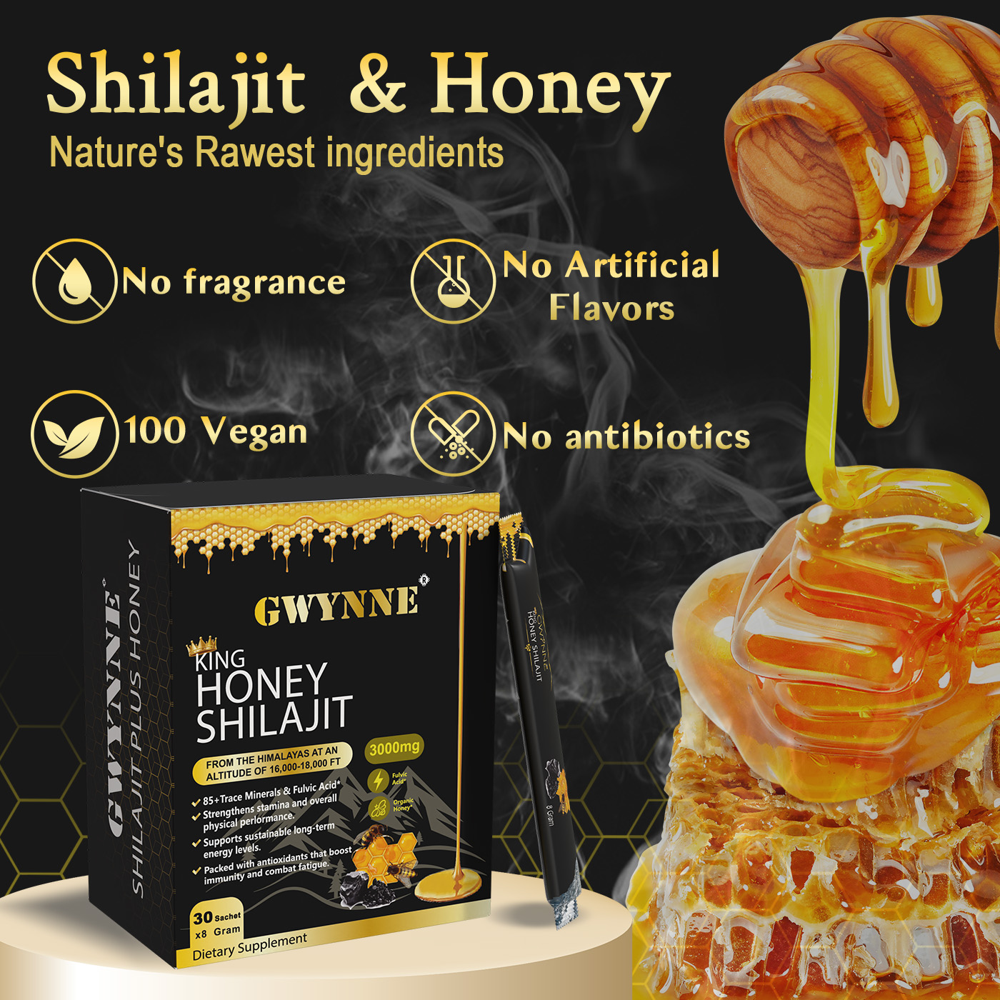 Gwynne Shilajit Honey Sticks Suplementos 30 Sticks Puro Del 3000mg Himalaya 85 Micronutrientes Apto Para Hombres Y Mujeres 100% Natural Orgánico