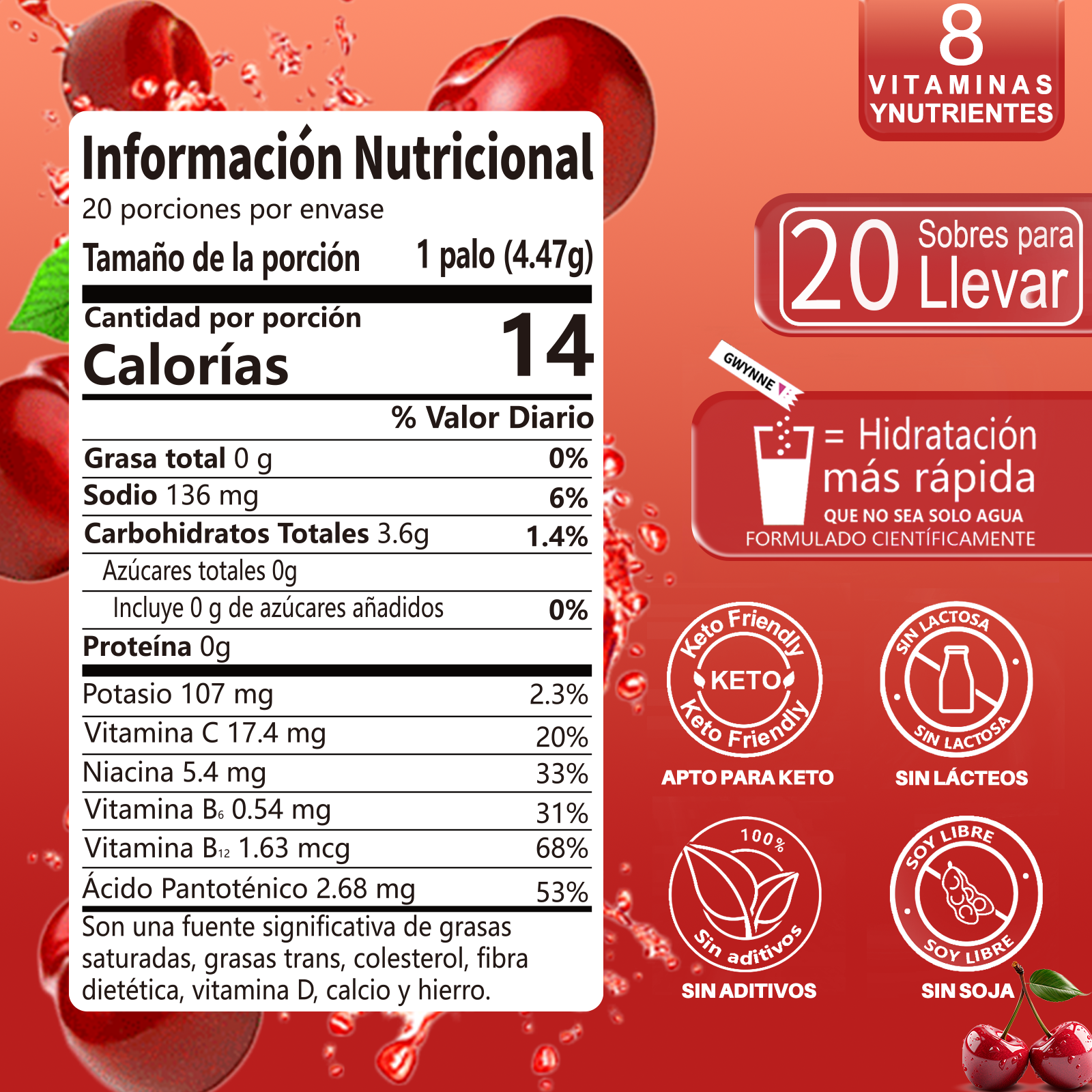 Gwynne Multiplicador De Hidratacion Mezcla De Bebida Electrolitica,supercalm Nutricional Bebidas Mixta En Polvo Con Sodio,vitamina C Y B12,sabor A Cereza 20 Unidade